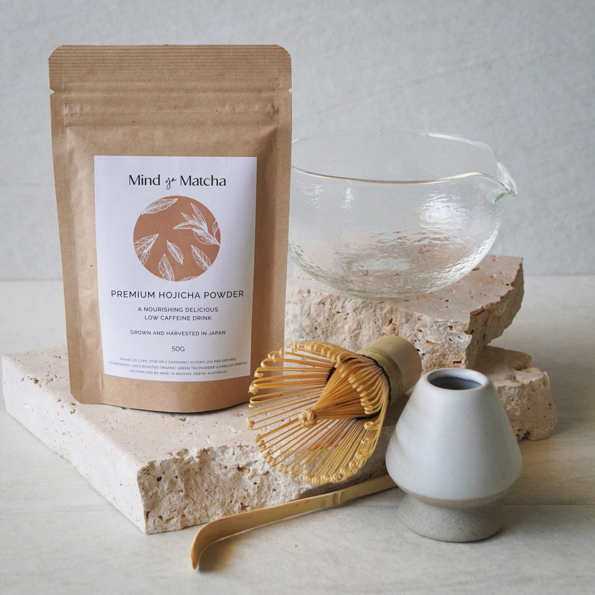 premium houjicha powder grown and harvested in japan bundle with bamboo whisk, bamboo spoon, glass bowl and whisk holder